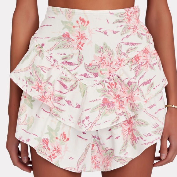 NWT MOTHERAnthropologie Floral Mini Pink Ruffle Denim Mini...